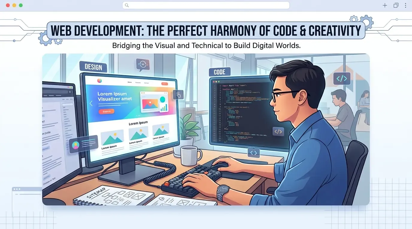 Ilustrasi developer bekerja dengan dua layar.webp