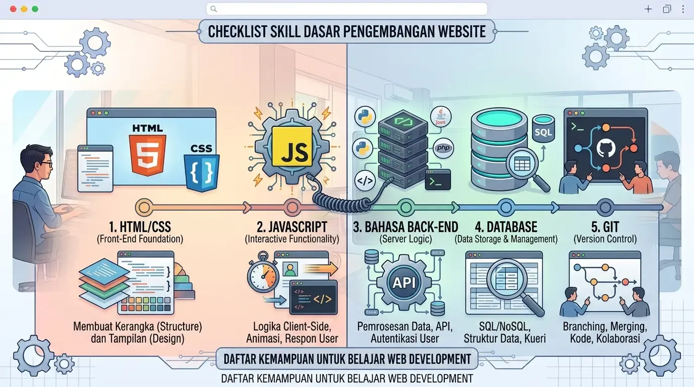 Infografis berisi 5 skill dasar di atas dengan ikon masing-masing (HTMLCSS, JavaScript, bahasa back-end, database, Git.webp