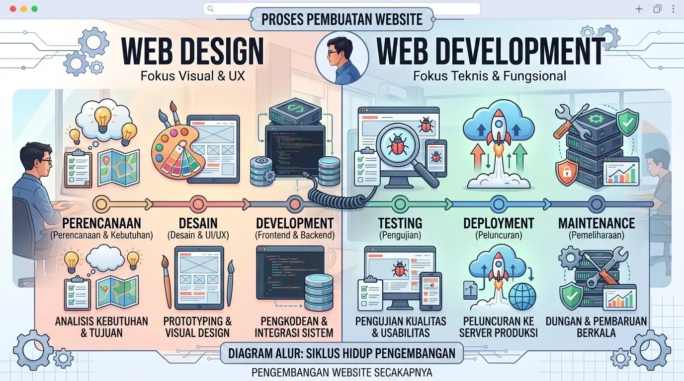 Infografis timeline horizontal berisi 6 tahapan di atas (Perencanaan → Desain → Development → Testing → Deployment → Maintenance.webp