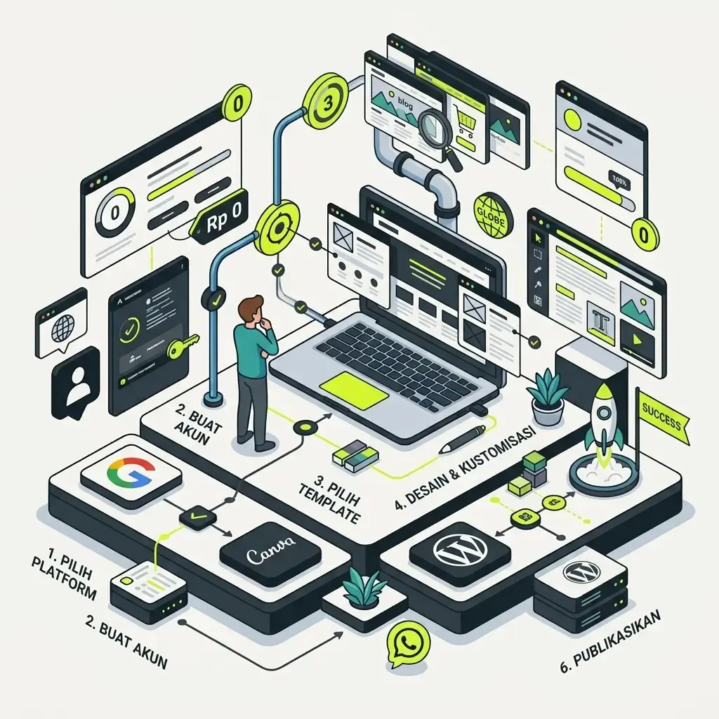 Infografis timeline horizontal 6 langkah di atas, dari Pilih Platform sampai Publikasikan.webp