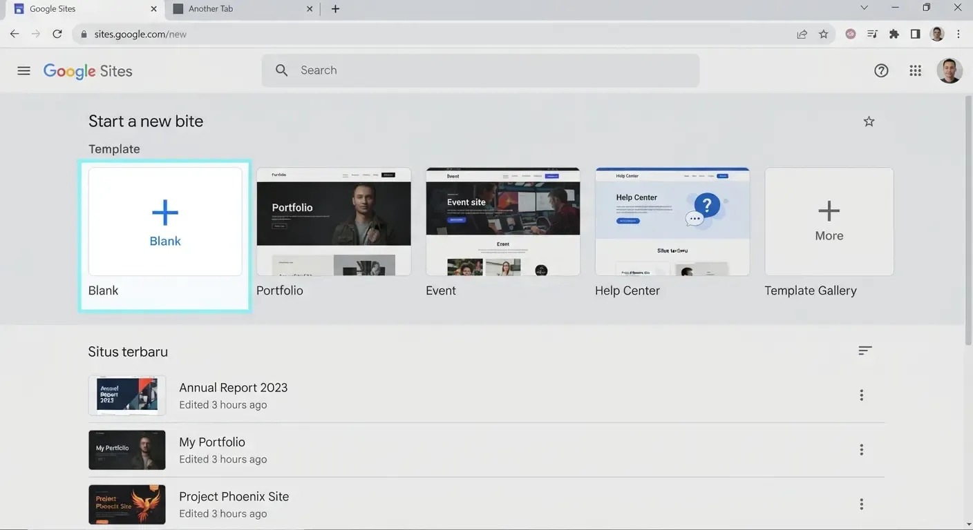 Tampilan awal Google Sites untuk membuat website baru.webp