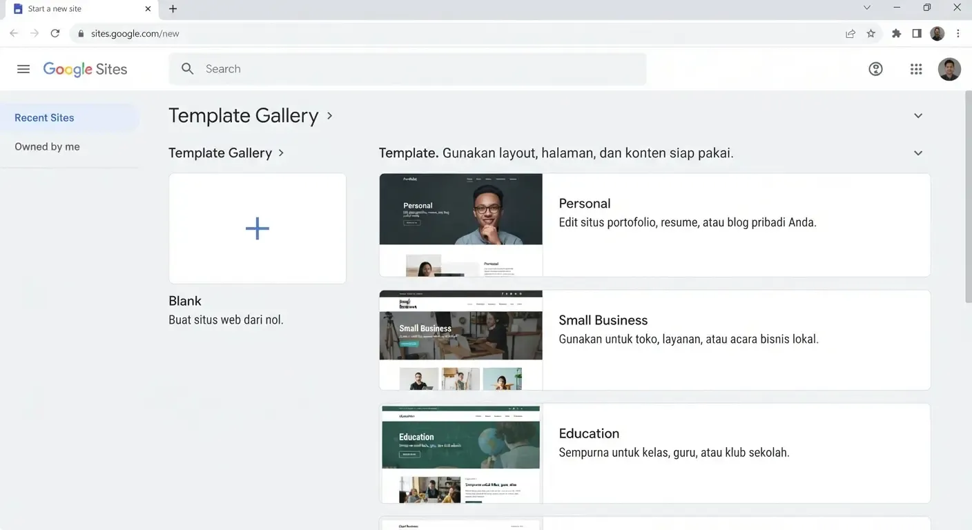 Pilihan Blank dan template di Google Sites..webp