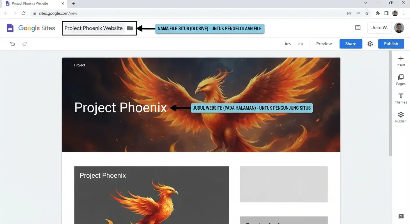Lokasi nama file situs dan judul website di Google Sites..webp