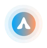 Abstract white logo resembling a stylized letter 'A' inside a circular gradient background transitioning from blue to orange.